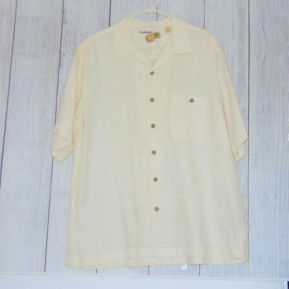Caribbean Yellow Pocket Button Down Shirt 100% Linen Mens Large